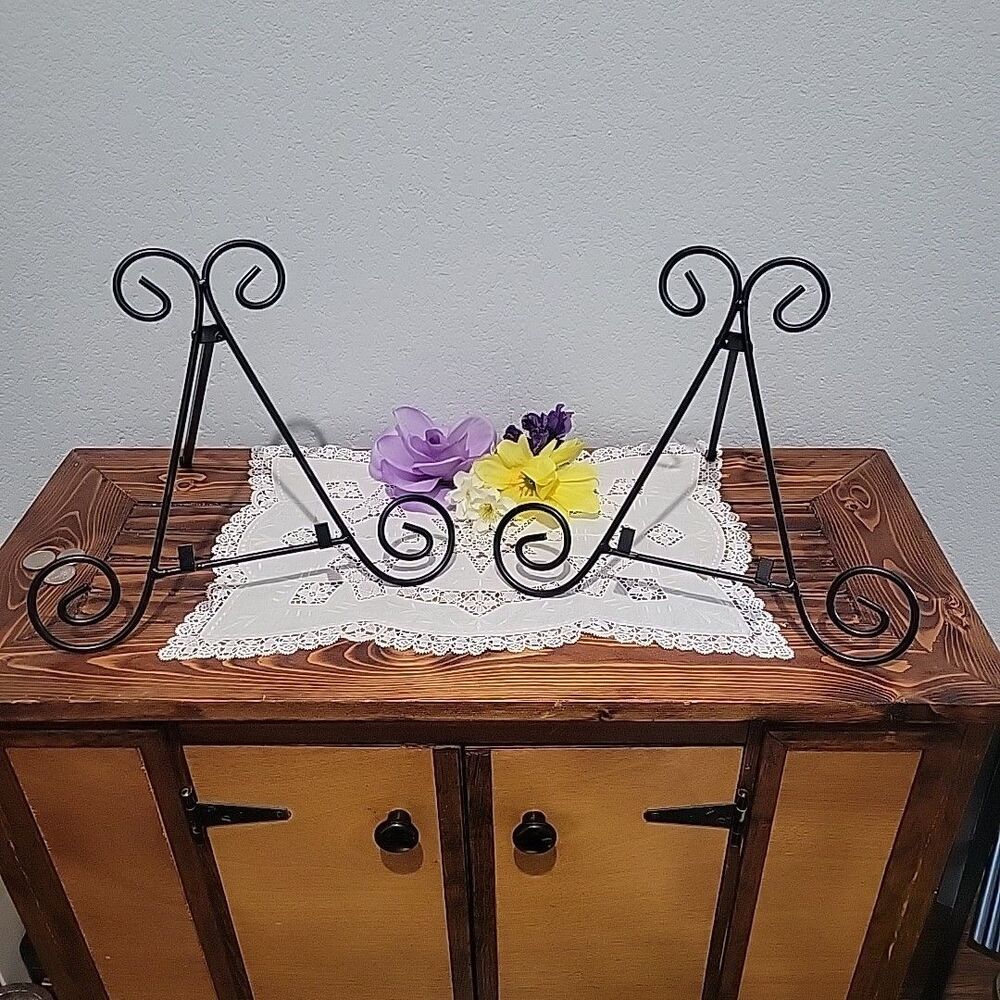 Pair of Medium Tabletop Book Art Stand Easel Black Finish Scroll Spiral Accents